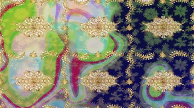 Geleneksel klasik altın desen. Altın elementlerle nötr renklerde altın desen. Raster oryantal süs. Barok tarzında eskiz doğulu süsü..