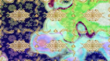 Damask arkaplanı. Tarafsız renklerde altın element. Barok tarzında altın çiçekli süs. Altın çiçekli çizim şekli.