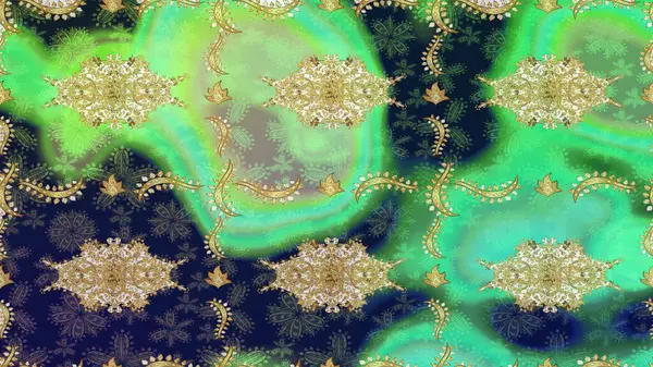 Yeşil renkte altın. Doğum günü kartı, davetiye ya da afiş için iyidir. Dekoratif simetri arabesk. Ortaçağ çiçek desenini çiz. Raster illüstrasyonu.