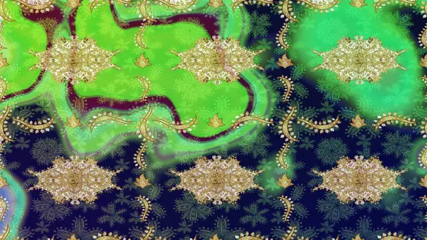 Paisley 'ler zarif çiçek desenli eskiz arka plan duvar kâğıdı çizimi klasik tarz, modern 3D çizgili sanat eseri altın ve yeşil desenli çiçek yaprakları ve süslemeleri..