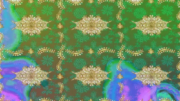 Raster illüstrasyonu. Süslü dekorasyon. Damask altın soyut çiçek deseni yeşil renkler üzerine çizim.
