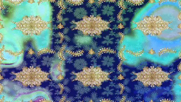 Raster illüstrasyonu. Klasik klasik klasik arka plan. Geleneksel oryantasyon süsü. Mavi renkler ve altın elementler üzerine çizim. Klasik Raster altın desenini çiz.