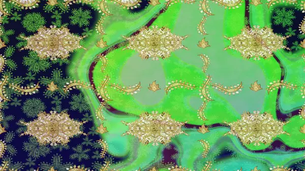Doğu tarzı arabesk. Çizim altın desenli bukleler. Raster altın desen. Altın elementli yeşil renkler. Raster illüstrasyonu.