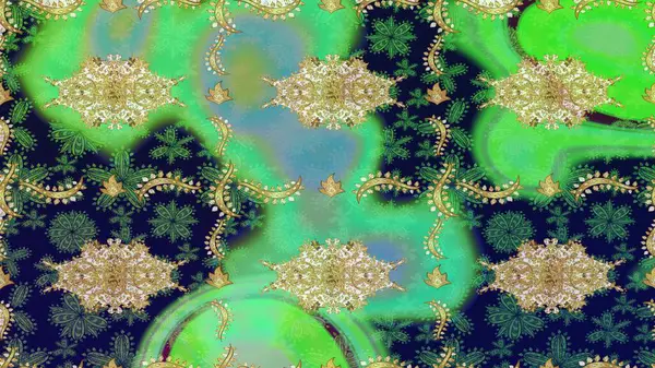 Barok tarzında altın çiçekli süs. Yeşil renklerdeki altın element. Doku arka planında altın duvar kâğıdı. Damask çizimi yinelenen arkaplan.