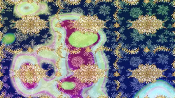 Altın elementlerle mavi renklerde altın desen. Düz elle çizilmiş klasik koleksiyon. Arkaplan, kumaş, altın duvar kağıdı. Raster altın eskiz deseni.