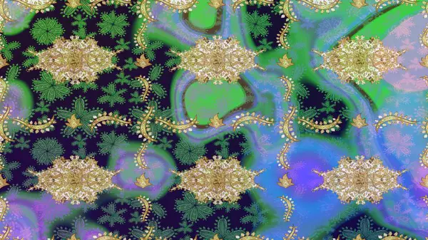 Noel, kar tanesi, yeni yıl 2019. Yeşil renklerde altın elementli eskiz kalıbı.