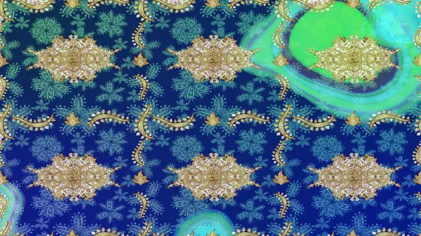 Mavi renklerdeki altın element. Damask çizimi tekrarlanıyor. Barok tarzında altın çiçekli süs. Doku arkaplanı üzerine altın duvar kağıdı.