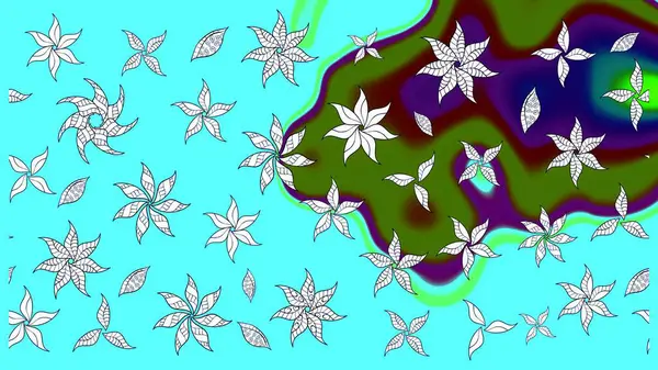 Moda baskıları için zarif bir şablon. Modern çiçek arkaplanı. Parlak renkli çiçekleri ve mavi yaprakları olan harika bir çiçek deseni. Halk stili.