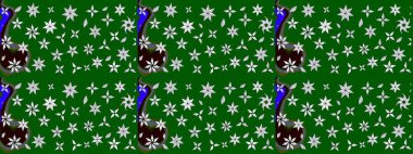 Çok yeşil zarif küçük çiçekler ve yeşil renkli komik böcekler, raster desen, illüstrasyon.