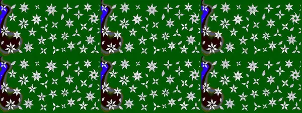 Çok yeşil zarif küçük çiçekler ve yeşil renkli komik böcekler, raster desen, illüstrasyon.