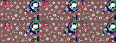 Raster Floral Illustration, Asyalı tekstil. Kahverengi renkli etnik çiçeklerle zarif bir eskiz deseni..