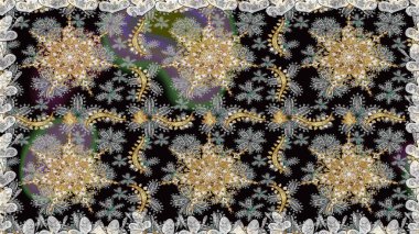 Süslü dantel iz sürücü. Çiçekli süslemeli, pürüzsüz bir desen. Gri renkli geleneksel Arapça dekor. Doğu tarzında klasik tasarım öğesi. Duvar kağıdı için altın süslü illüstrasyon.