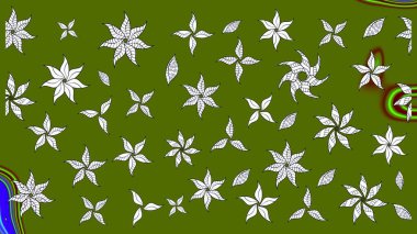 Raster illüstrasyonu. Şirin çiçekli eskiz deseni ve yeşil renkli yapraklar, suluboya çiçek deseni, duvar kağıdı, kart veya kumaş için fayanslı.