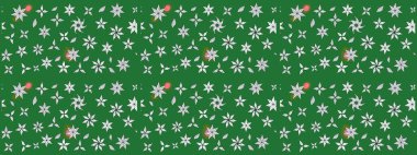 Şirin çiçekli eskiz deseni ve yeşil renkli yapraklar, suluboya çiçek deseni, duvar kağıdı, kart veya kumaş için fayanslı. Raster illüstrasyonu.