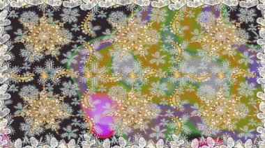 Damask arkaplanı. Barok tarzında altın çiçekli süs. Gri renklerdeki altın element. Altın çiçekli, pürüzsüz desen.