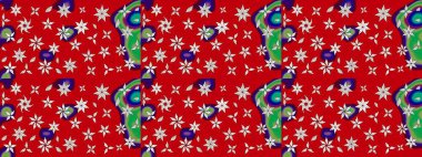 Parlak renkli çiçekli ve kırmızı yapraklı harika bir çiçek deseni. Moda baskıları için zarif bir şablon. Modern çiçek arkaplanı. Halk stili.