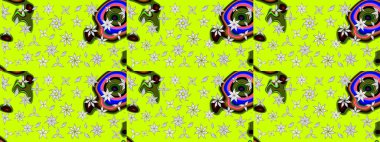 El çizimi çiçek unsurları olan soyut çizim raster deseni. Çiçekli ipek eşarp. Retro tekstil tasarım koleksiyonu. 1950-1960 motifleri. Yeşil yeşile.