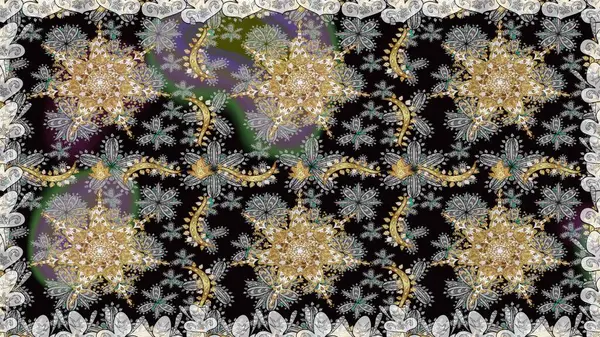 Süslü dantel iz sürücü. Çiçekli süslemeli, pürüzsüz bir desen. Gri renkli geleneksel Arapça dekor. Doğu tarzında klasik tasarım öğesi. Duvar kağıdı için altın süslü illüstrasyon.