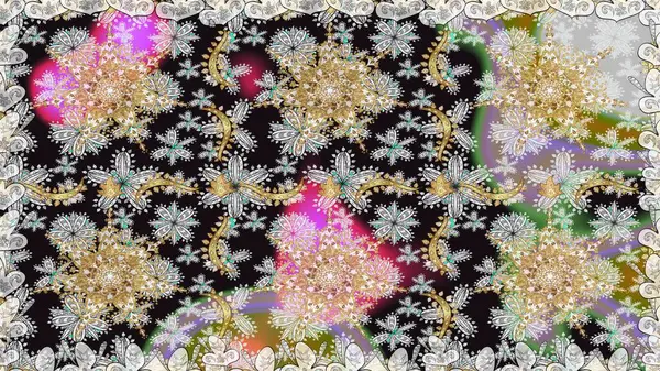 Çiçekli süslemeli, pürüzsüz bir desen. Doğu tarzında klasik tasarım öğesi. Süslü dantel iz sürücü. Gri renkli geleneksel Arapça dekor. Duvar kağıdı için altın süslü illüstrasyon.