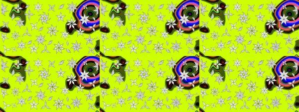 El çizimi çiçek unsurları olan soyut çizim raster deseni. Çiçekli ipek eşarp. Retro tekstil tasarım koleksiyonu. 1950-1960 motifleri. Yeşil yeşile.