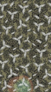 Çiçek desenli çizim. Gri renkli çiçekler. Asya tekstil tarzında. Raster illüstrasyonu. Raster illüstrasyonu.