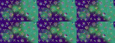 Çok mavi, zarif küçük çiçekler ve mavi renkli komik böcekler, raster desen, illüstrasyon.