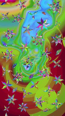 Üzerinde yeşil renkte karalamalar olan çiçek desenleri çiz. Raster illüstrasyonu.