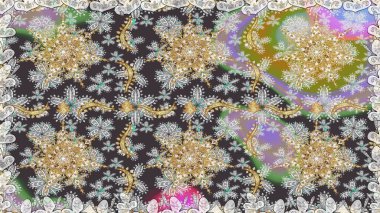 Damask pürüzsüz süsü. Klasik oryantal desen gri renklerden üstündür. Geleneksel raster ve altın desen.