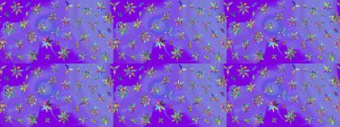 Manzaralı çiçek deseni. Çiçek kompozisyonu, el boyası, hassas şablon. Üst manzara, yumuşak menekşe rengi. Sevgililer günü ve tebrik kartı konsepti için şık bir davet.