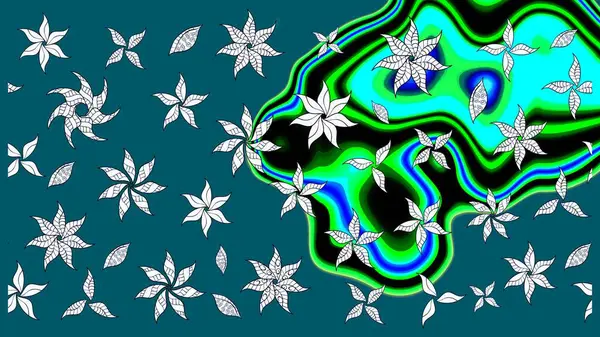 Eskiz arkaplan modeli. Raster - stok. Yapraklı çiçekler ve mavi renkli papatya çiçekleri..