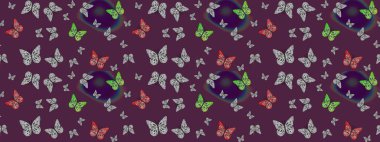 Kağıt, kumaş ve ambalaj için uygun. Raster illüstrasyonu. Kahverengi arka planda renkli kelebek koleksiyonu. Robot resim. Kart, baskı ve davetiye için basit kadınsı desen.