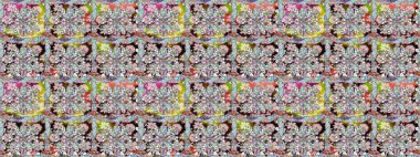 Renkli Bahar Temalı Kusursuz Arkaplan. Çiçeksel fantezi tasarımı, parlak bir arka planda, kusursuz bir desen. Düz Çiçek Elementleri Tasarımı.