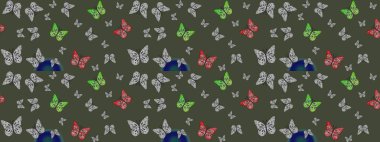 Yeşil arka planda kelebek desenli çizim. Raster illüstrasyonu. Kumaş, kağıt, ambalaj kağıdı ve duvar kağıdı tasarımı için sevimli bir arkaplan.