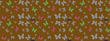 Raster illüstrasyonu. Çizim kalıbı. Kumaş, tekstil, baskı ve davetiye için arka plan. Kahverengi renkte güzel renkli kelebekler.