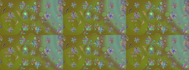 Raster illüstrasyonundaki çiçek desenli çizim. Güzel kumaş deseni. Yeşil renklerde. Raster illüstrasyonu.