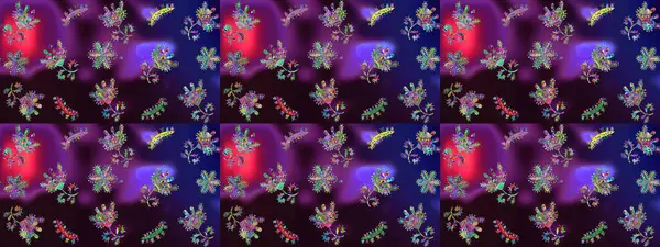 Elle çizilmiş çiçek desenli Raster çizimi. Tekstil, kumaş, ambalaj, hatıra defteri için hoş bir çiçek arkaplanı. Çocuksu tasarım. Kahverengi, mor ve mavi arkaplanda.