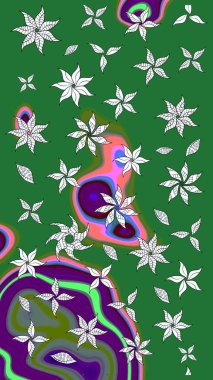 Düz Çiçek Elementleri Tasarım Raster illüstrasyonu. Çiçek desenli eskiz. Renkli Bahar Teması eskiz kalıbı. Yeşil renkte çiçekler.