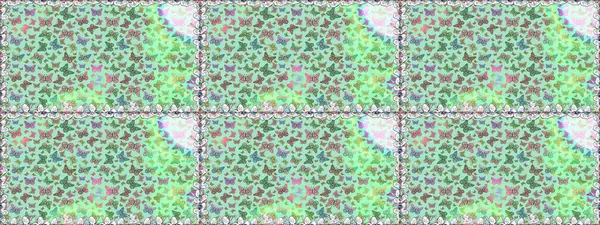 Karala, karala, karala. Mavi ve yeşil arka planda renksiz bir kelebek deseni. Raster. Mavi ve yeşil renkte resim.