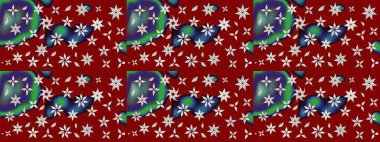 Renkli desenli eskiz deseni, kırmızı çiçekler ve dekoratif elementlerle. Eskiz geçmişi. Raster illüstrasyonu. Kumaş, tekstil, duvar kağıdı baskısı için. Antika retro tarzı.