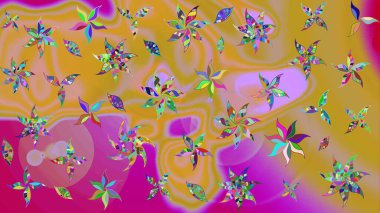 Parlak renkli fantezi çiçekleri, yapraklar, sarı renkli tomurcuklar. Suluboya el çizimi elementli çiçek çizimi deseni.