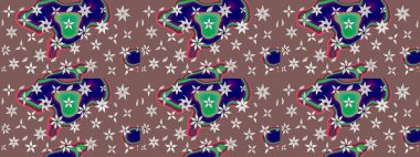 Renkli desenli eskiz deseni, kahverengi çiçekler ve dekoratif elementlerle. Eskiz geçmişi. Raster illüstrasyonu. Kumaş, tekstil, duvar kağıdı baskısı için. Antika retro tarzı.