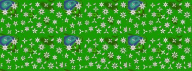 Raster Floral Illustration, Asyalı tekstil. Yeşil renkli etnik çiçeklerle zarif eskiz deseni.