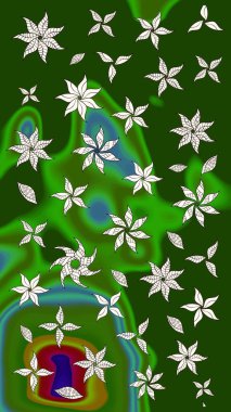 Çiçek ve yapraklı karalama şeklinde Raster çiçek deseni. Yumuşak, yeşil renkli bahar çiçekleri. Raster illüstrasyonu.