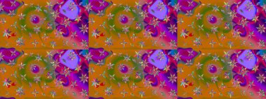 Kumaş, duvar kağıdı ve kağıt üzerine baskı yapmak için gelişen arka plan. Moda arka planında parlak buketler. Eski usul küçük çiçekli şirin bir eskiz deseni. Raster illüstrasyonu.