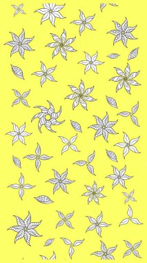 Sanat, çiçekleri canlandırır ve arka planda bırakır. Raster deseni. Sarı el çizimi desen. Karalama çiçekleri çizim deseni.