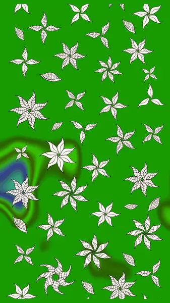 Raster illüstrasyonu. Şirin çiçekli eskiz deseni ve yeşil renkli yapraklar, suluboya çiçek deseni, duvar kağıdı, kart veya kumaş için fayanslı.