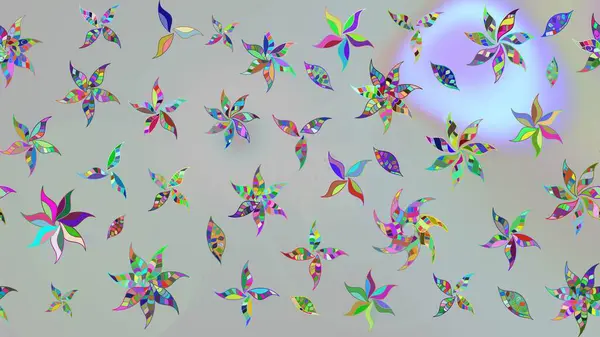 Suluboya elle çizilmiş çiçek desenli eskiz deseni. Parlak renkli fantezi çiçekleri, yapraklar, gri renkli tomurcuklar.