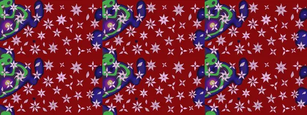 Raster illüstrasyonu. Patlayan çiçekler soyut olarak yerleştirilmiş. Kibarca, kırmızı renkte bahar çiçekleri. Raster deseni.