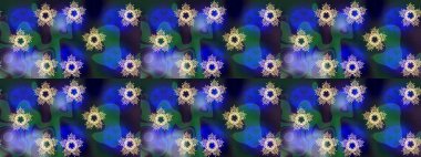 Çiçek desenli altın metal. Raster altın çiçek süsü brokar kumaş ve cam desenli. Altın şablonu çiz. Mor, gri ve mavi renkler altın elementlerle.