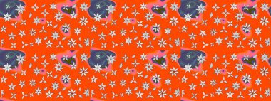 Turuncu renkli Asya tekstili. Çiçek desenli çizim. Raster illüstrasyonu.